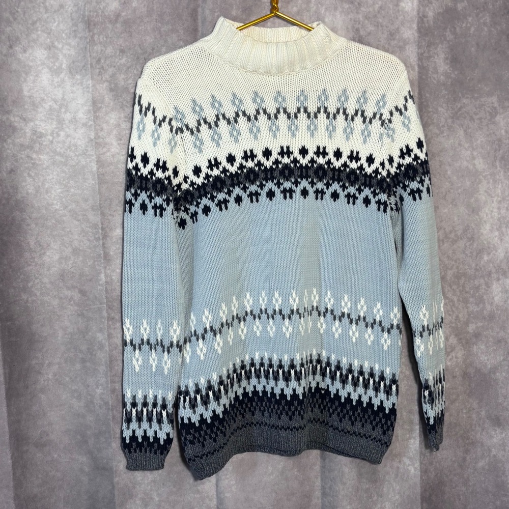 Vintage 1980s Liz Claiborne Fair Isle Mock Neck Sweater Size Medium Blue White